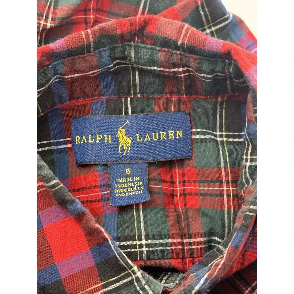 Ralph Lauren Boys Shirt Size 6 Tartan Plaid 100% Cotton Button Down Christmas